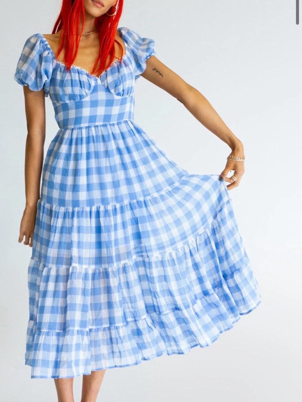 Princess Polly Blue Gingham Puff-Sleeve Maxi Dress